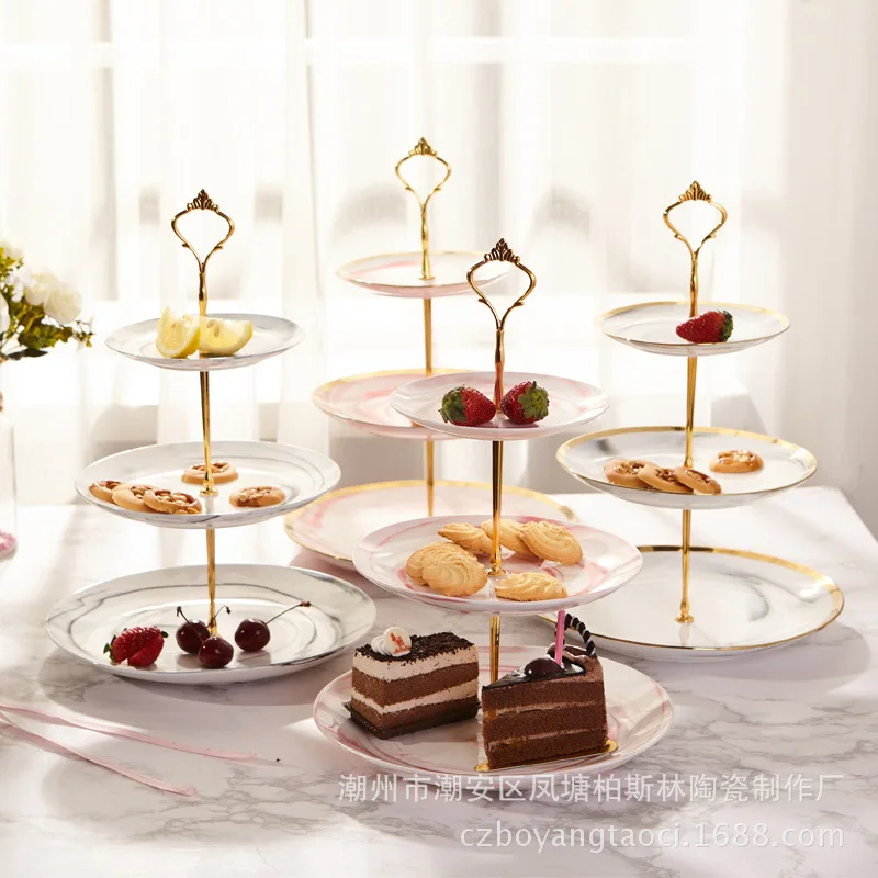 

European Style Ceramic Marbling Disc Three Layer String Disk Plate Living Room Fruit Plate Wedding Cake Dish Cake Stand