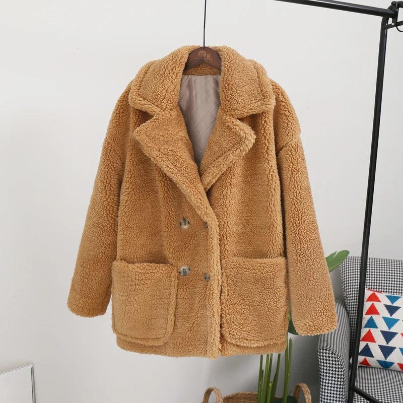 Classic Turn-down Collar Solid Faux Fur Jacket Coat Women Winter Warm Thicken Fake Lamb Overcoats Basic Soft Plush Overwear