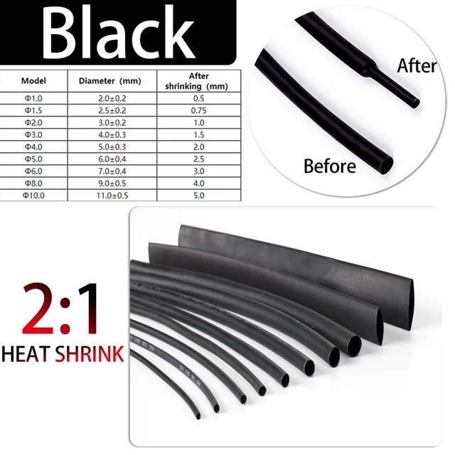 5 Meter 2:1 Black Red Green Blue Yellow 1 2 3 5 6 8 10mm Diameter Heatshrink Tubing Tube Sleeving Wrap Wire DIY Connector Repair black