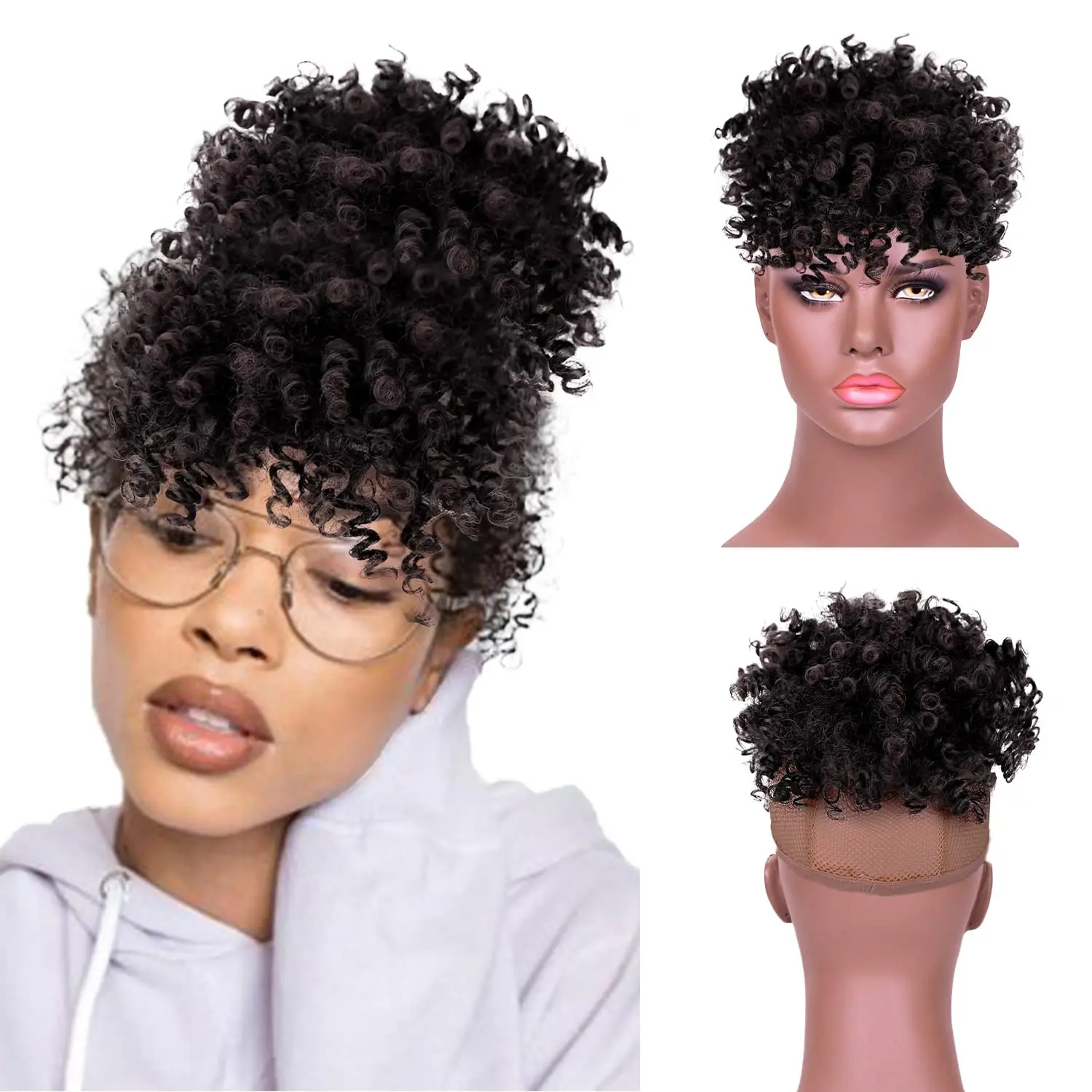 Leeons Synthetic New Curly Bangs Afro Drawstring Ponytail 11Color Kinky Curly Hair Bangs Hair Extension Clip On Front Hairpieces