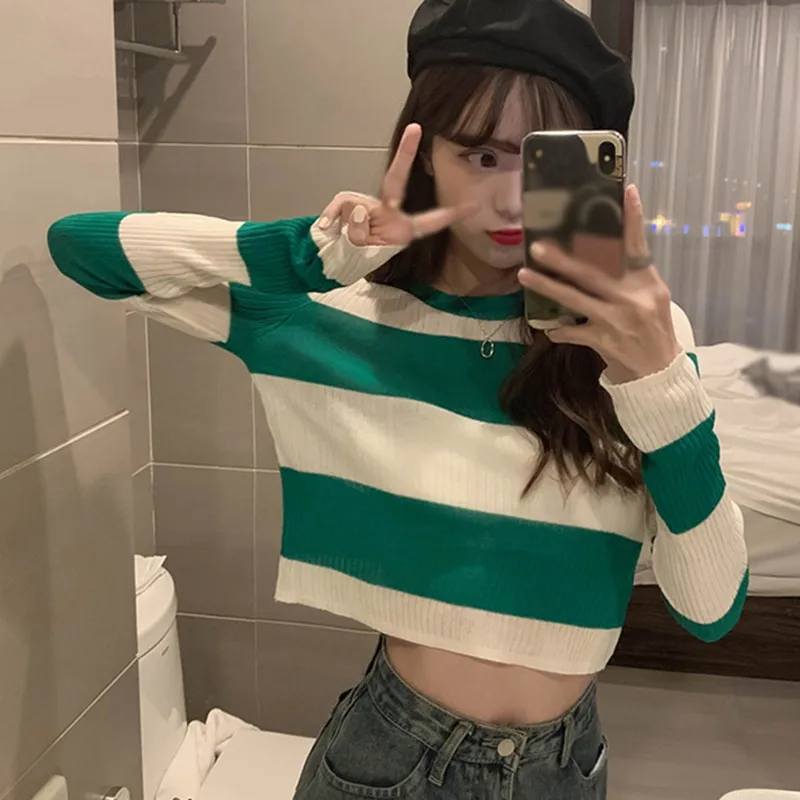 

Jlong Autumn Sweater Pullover Women Basic O-neck Striped Knitted Sweater Slim Long Sleeve Sweater Tops