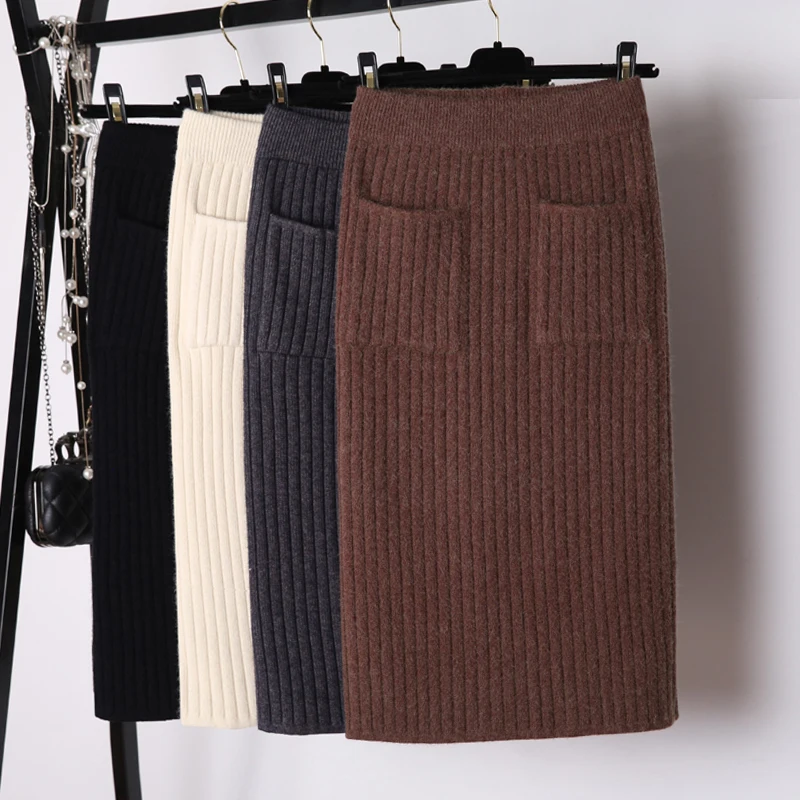 Women Skirt Elegant Ladies Back Slit Midi Pencil Skirt High Waist Pockets Casual Knitted Winter Skirt Jupe Femme Skirts Womens