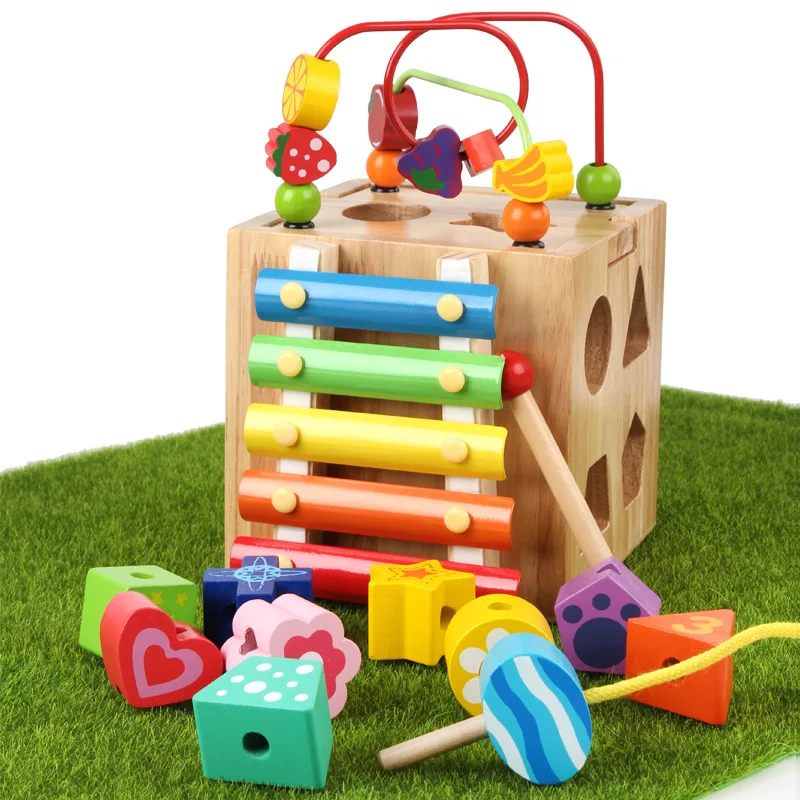 

Children Small Bead-stringing Toy Treasure Chest Baby Educational Beaded Bracelet Wooden Four Sides Multi-functional Toy Manufac
