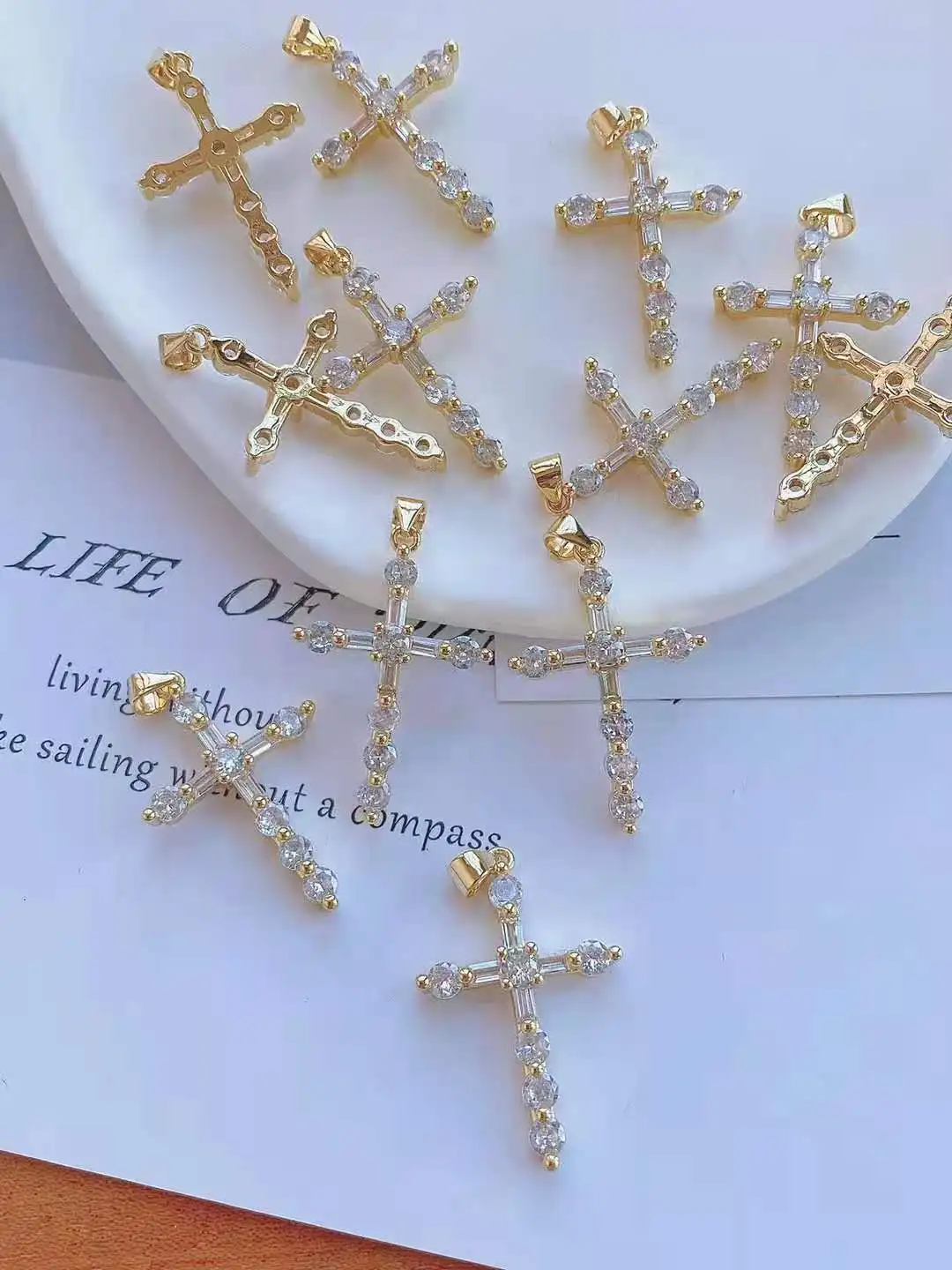 0PCS, Gold-color Crystal Cross Neck Pendants Dainty Zircon Charms Pendant Handmade Accessories Wholesale Supplies