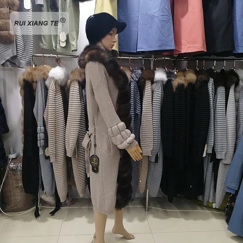 RuiXiangTe/женское пальто из натурального меха; шерстяное вязаное пальто с лисьим воротником; зимняя куртка из натурального Лисьего меха; зимнее длинное пальто