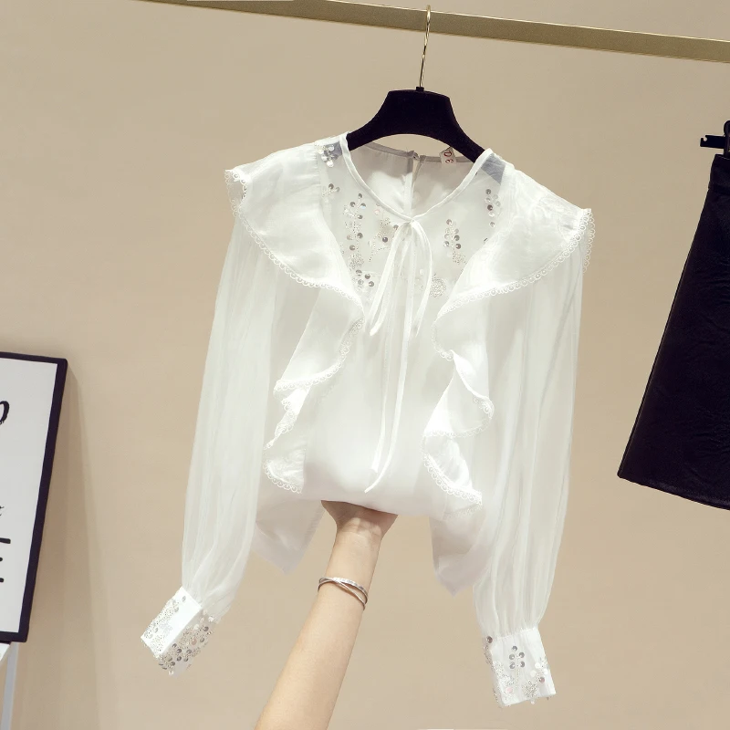 Женская модная блузка, новинка весны 2021, кружевная тонкая рубашка с длинными рукавами, оборками и мигающей сеткой, женская шифоновая рубашка с пышными рукавами, Топ