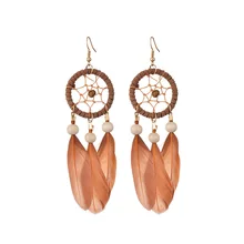 

2021 Bohemia Women Natural Wood Coffee Feather Tassel Earrings Summer Indian Jewelry Tibetan Dream Catcher Drop Dangle Earrings