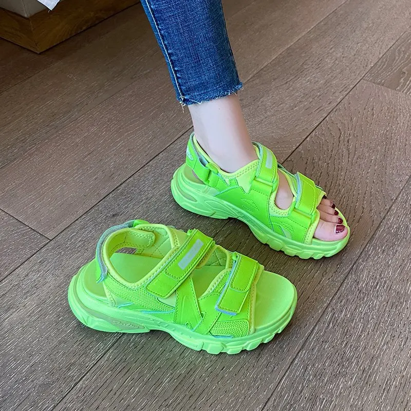 

Hook & Loop Women Sandals Green Pink Comfortable Flat Shoes Brand Design 2020 Summer Beach Soft Platform Sandals Female Casual