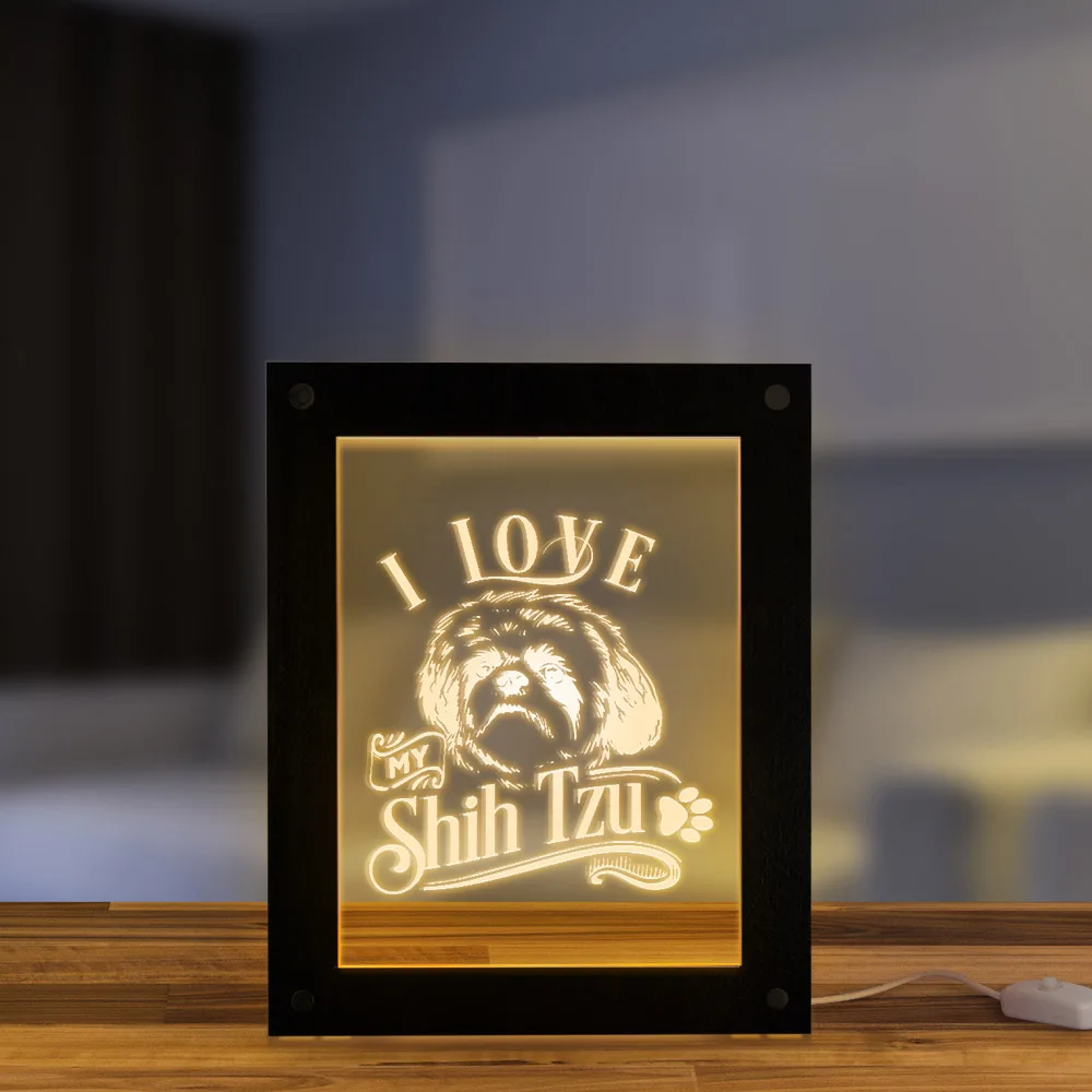 I Love My Shih Tzu китайский лев собака светодиодный свет текст фоторамка щенок собака светодиодный ночник деревянный лазерный гравированный фоторамка