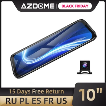 

AZDOME 10” Car DVR PG12 Stream Media Mirror Recorder Loop Recording Dash Camera Dual Lens 1080P Rearview GPS Camera 24H Parking