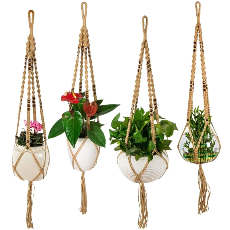 HLZS-4Pcs Подвеска для растений из макраме, Крытый открытый подвесной Плантатор корзина Хлопок Веревка с бисером для суккулентов, кактусов, трав, Sm