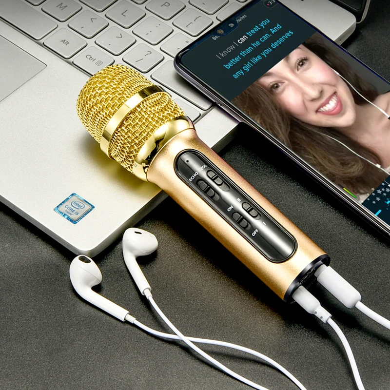 Портативный профессиональный конденсаторный микрофон для караоке, запись в реальном времени, микрофон для мобильного телефона, компьютера с эхо-звуковой картой