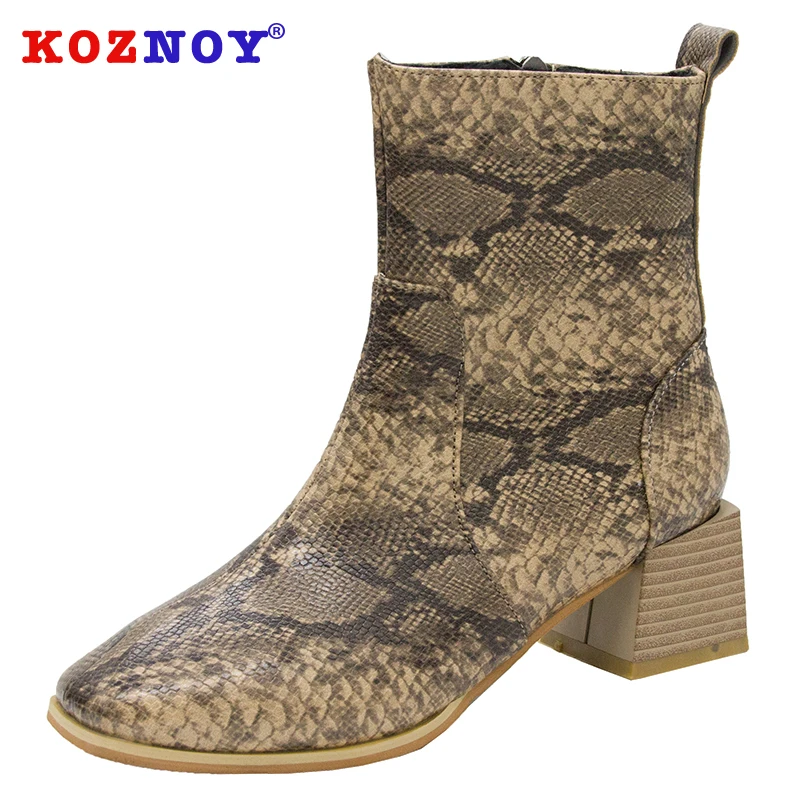 

Koznoy Women Boots Autumn Winter Dropshipping Snake Print Square Toe Fashion Zipper Square Heel Leisure Female Ankle Women Boots