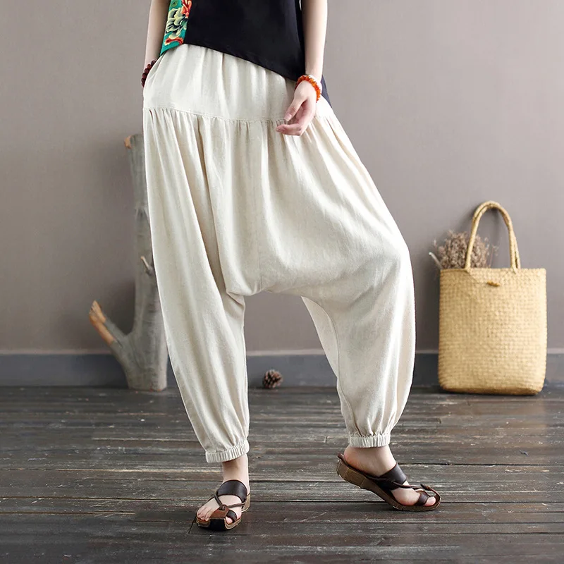 NINI WONDERLAND Summer Cotton Linen Nation Style Loose Cross-pant 2021 Elastic Waist Ankle Length Pants Mori Girl Trousers | Женская