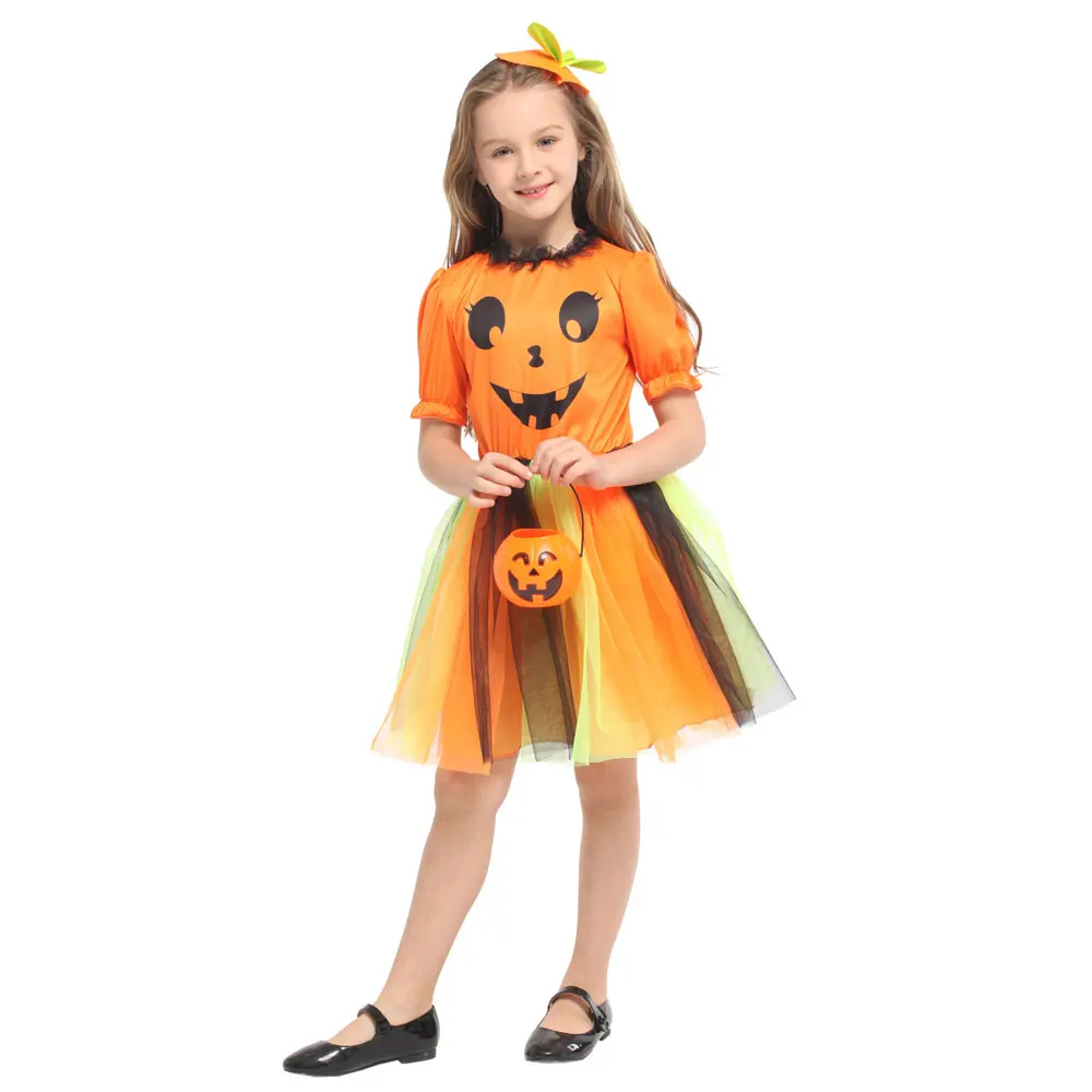 

Child Kids Orange Pumpkin Face Costume For Girls Carnival Halloween Costumes Cosplay Fancy Dress