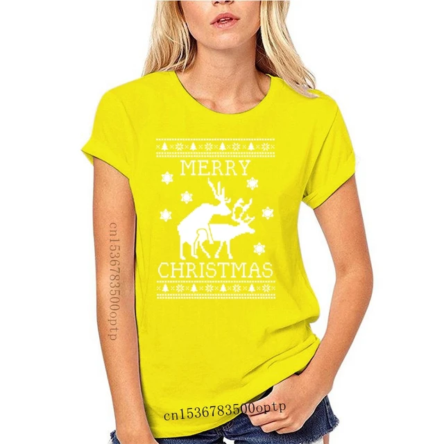 New 2021 Cotton Reindeer Humping Ugly Christmas Sweater T-Shirt Merry Xmas Party Present Gift Short-Sleeve T-Shirt yellow