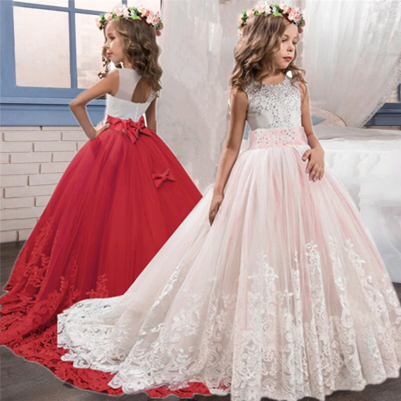 Elegant Dress For Girls Wedding Dresses 2021 Red New Year Clothes Kids Flower Backless Trailing 6-14 Years Children | Детская одежда и