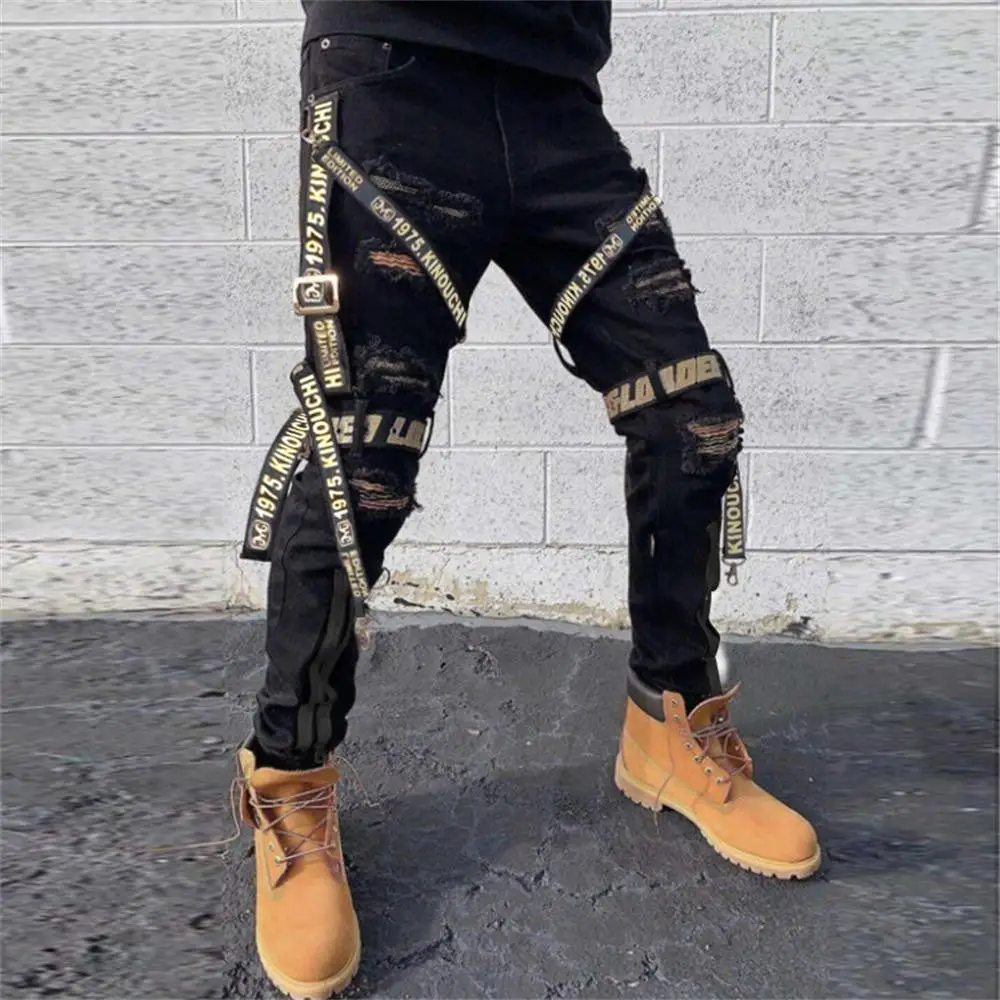 Men's Personality Ripped Jeans with Small Feet, Zipper Decoration, Straight Leg Pants, Street Fashion, Black, New, 2023