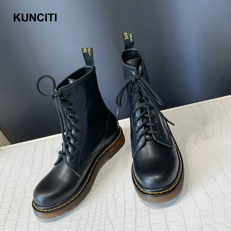 

2019 KUNCITI Lace Up Women Autumn Boots Newest Round Toe Genuine Leather Martin Boots Hot Sale Combat Shoes High Quality D973
