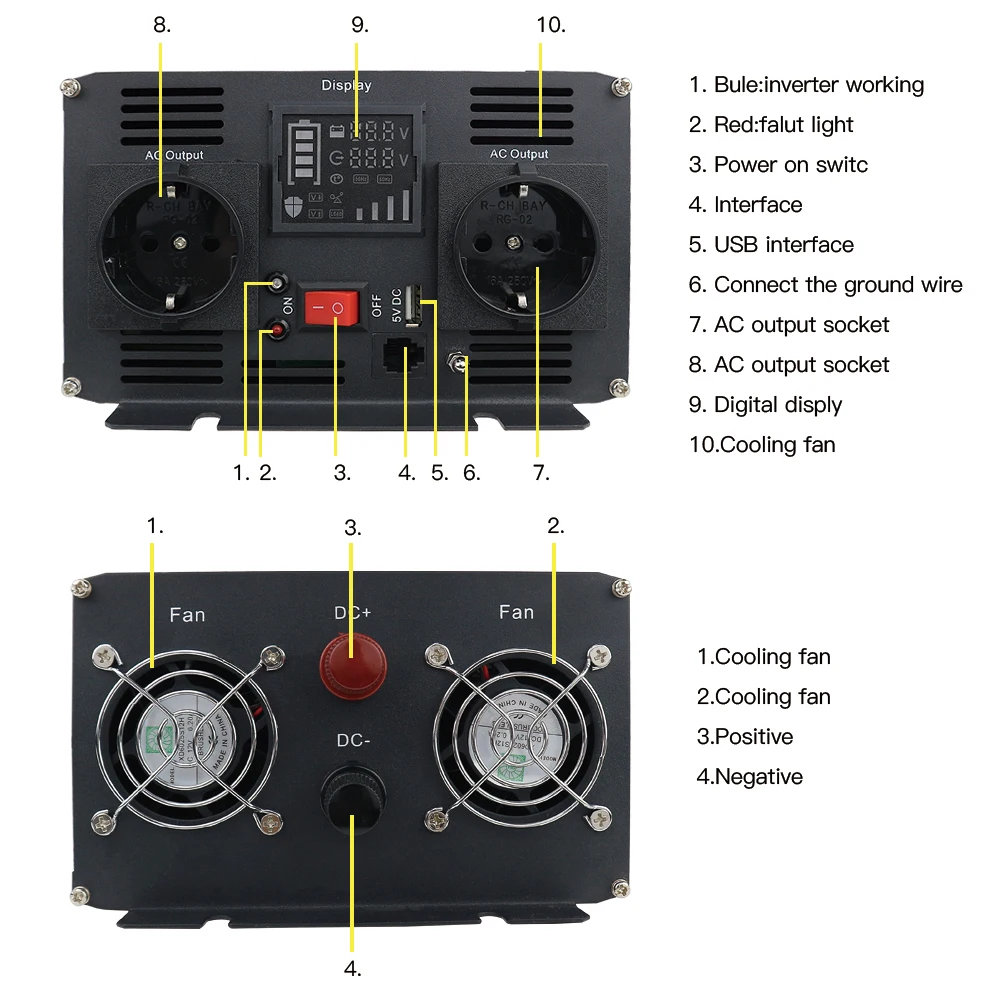 1000W 12V 24V DC Solar Wind Power Off Inverter 110V 220V AC Output Pure  Sine Wave Inversor With LCD Screen Ship From Spain