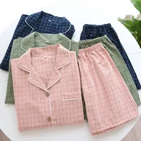 Summer new couple pajamas two-piece men's plaid short-sleeved shorts 100% cotton gauze ladies simple home service set sleepwear - Image 2