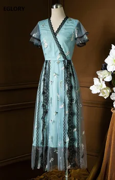 

Top Quality New Lace Long Dress 2020 Summer Women V-Neck Luxurious Embroidery Flower Patterns Short Sleeve Elegant Maxi Dress XL