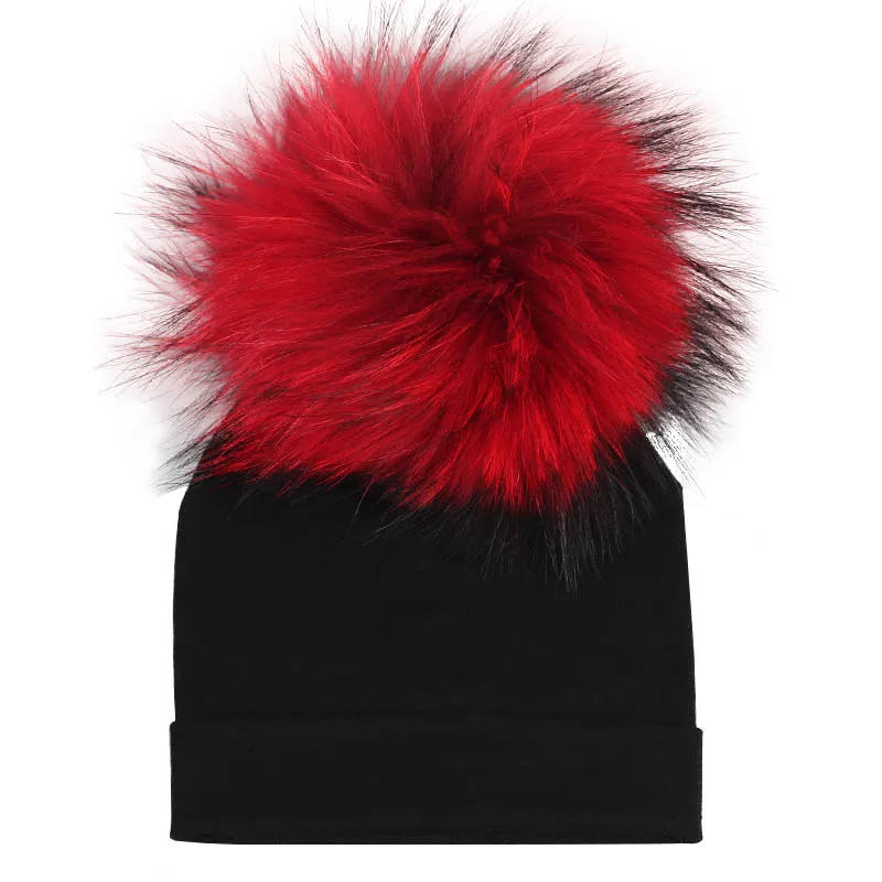 Мягкие теплые хлопковые шапочки Skullies Beanies для новорожденных мальчиков, Детские хлопковые шапочки с помпоном из натурального меха для девочек - Цвет: Black Red