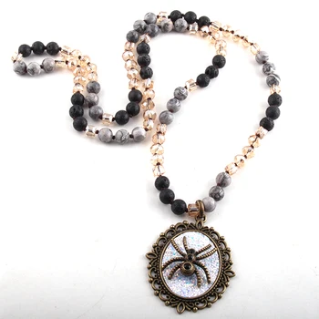 

RH Fashion Bohemian Tribal Jewelry Multi Stone Beige Glass Long Knotted Metal Pendant Necklaces For Women Necklace