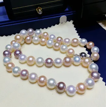 

9-10MM 100% Natural freshwater pearl necklace mixed color light round female fashion color fine jewelry 18inch