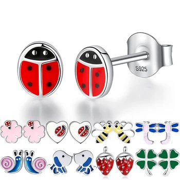 

Fashion Cute 925 Sterling Silver Earrings Enamel Animal Ladybug Bee Dog Small Stud Earrings for Kids Girls Baby Children Jewelry