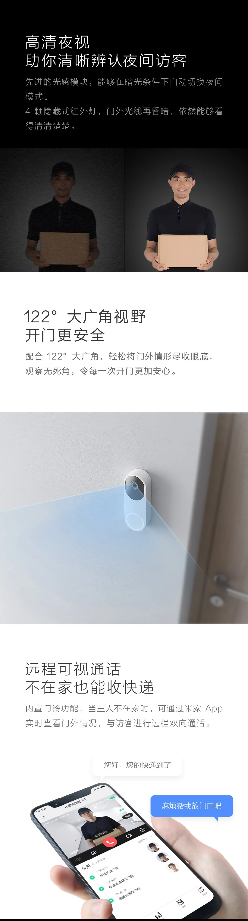 Xiaomi Mijia Xiaomo AI распознавание лица 1080P ИК ночного видения видео дверной звонок набор обнаружения движения SMS Push домофон