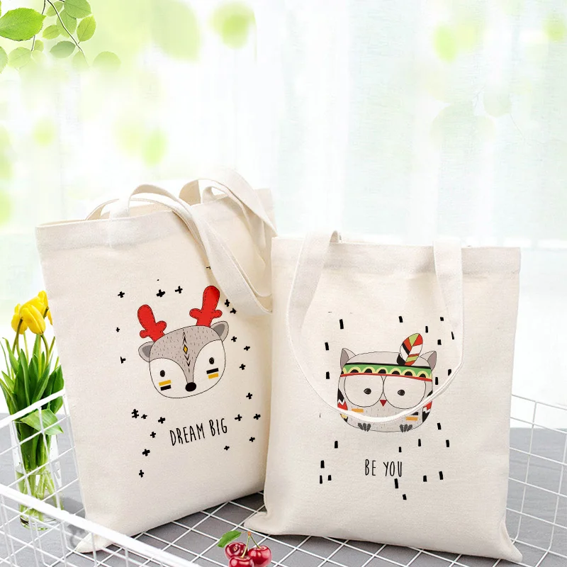 

Canvas Tote Bag Woodland Tribal Animals Handbag Daily Use Text DIY Custom Print Logo Shopping Bag Eco Reusable Recycle