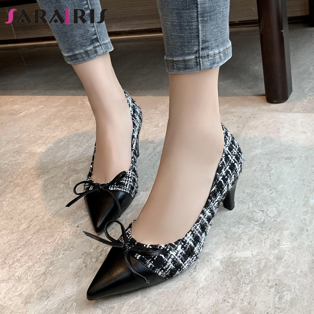 

SARAIRIS Genuine Leather Pointed Toe Lady Casual Dress Pumps Spring Pumps Women Butterfly Knot Slip On High Heels Shoes Woman