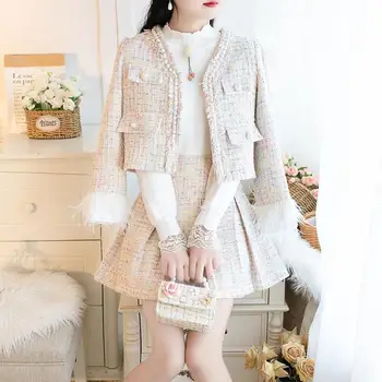 

Tweed Set Suit 2020 Autumn Winter Runway Women's Pearl Beading Short Jacket Coat + High Waist Pleated A-Line Mini Skirt Set N197
