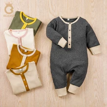 

Ecavus Newborn Infant Baby Boys Girls Romper Solid Color Cotton O-Neck Button Long Sleeve Knitted Jumpsuit Outfits Clothes
