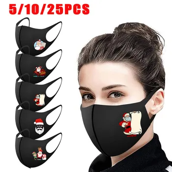 

5/10/25pcs Protection Face Mask Christmas Unisex Cartoon Printing Washable Elastic Earloop Masks Reusable Dustproof Mascarilla