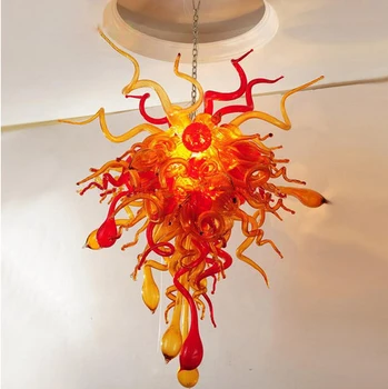 

Orange Red Flower Shape Blow Glass Art Lighting Fixtures 100% Mouth-blow China Murano Chandeliers for Stair Decor