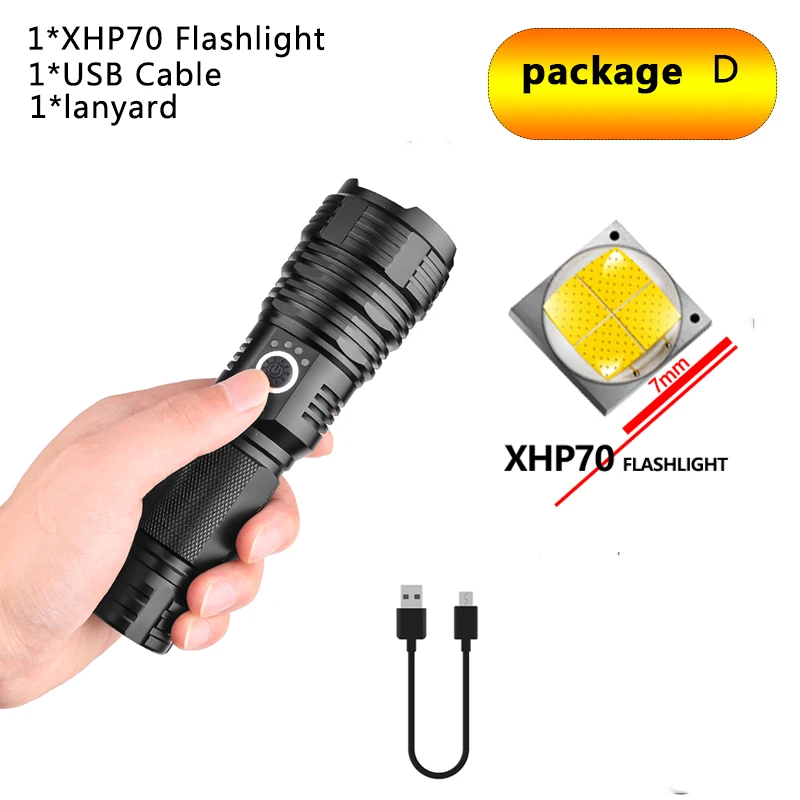 Супер яркий светодиодный светильник-вспышка, фонарь с зумом XHP70, Тактический водонепроницаемый светильник, лучший для рыбалки, охоты, светильник с батареей 18650 26650 - Испускаемый цвет: Package  D