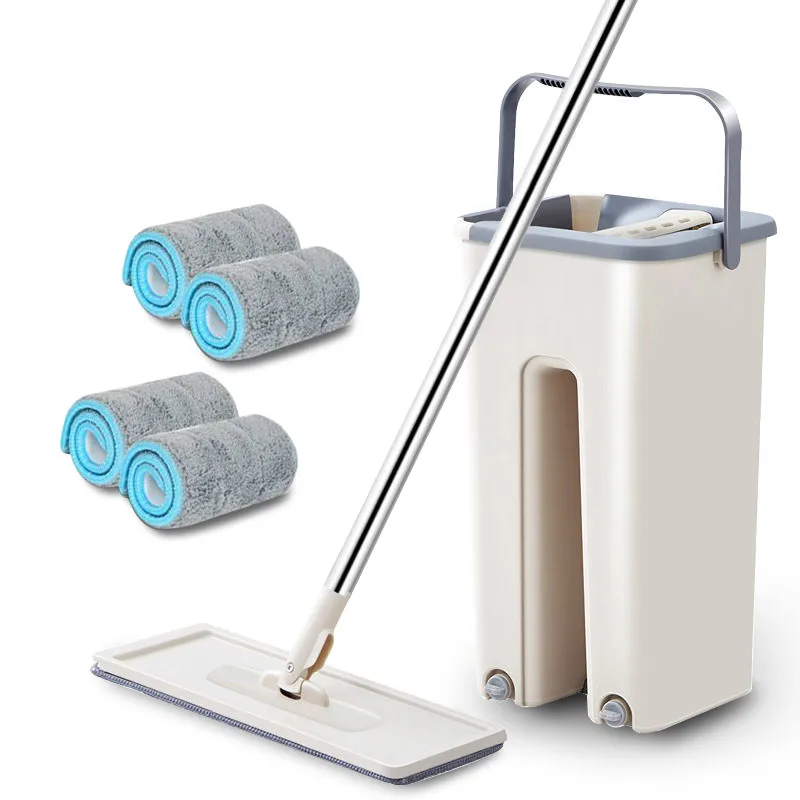 Hand Free Wringing Flat Squeeze Mop With Bucket Microfiber Floor Cleaning Spray Dry Wet Dual Use Home Mops | Дом и сад