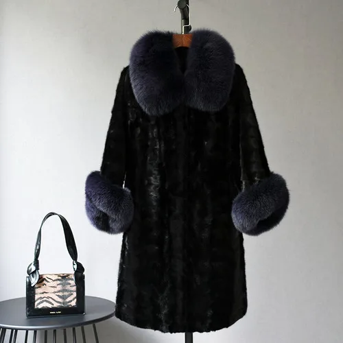 Blue Винтажное пальто из натурального меха норки, женская зимняя одежда, Корейская элегантная Шуба с воротником из натурального меха лисы, модные теплые куртки Hiver 981 - Цвет: Blue