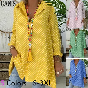 

2020 HOT Selling Plus Size Women V-Neck Polka Dot Shirt Tops Long Sleeve Loose Blouse Ladies Tops High Quanlity