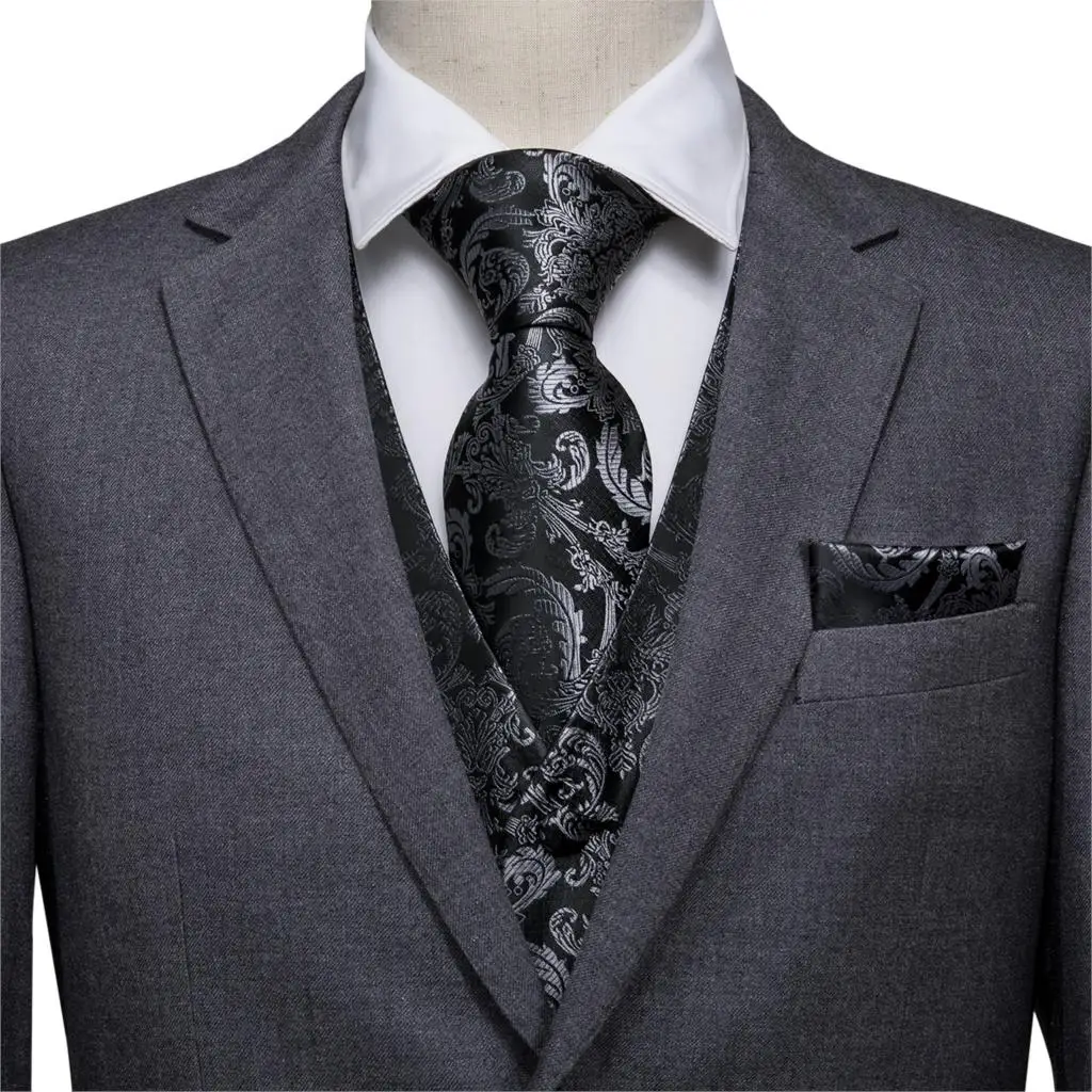 Vest for Men Black Suit Vest Floral Waistcoat Slim-Fit Tuxedo Paisley Tie Set Cufflinks Gift for Wedding Business Hi-Tie VE-0011