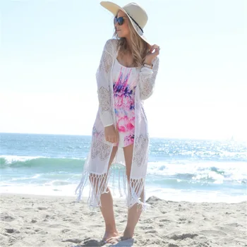 

Lace Crochet Bikini Cover-Ups Beach Wear Women 2020 White Cardigan With Tassels Pareos Swimsuit Cover Up Beach Dress Tunic Long