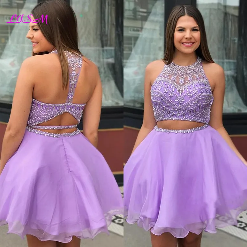 

Beaded Crystals Mini Homecoming Dresses Sweet Lilac Two Pieces Prom Dress Short Cocktail Gowns 2020