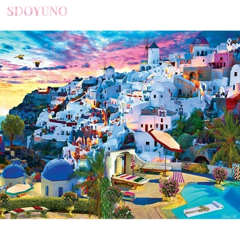 

SDOYUNO oil painting by numbers for adults Town landscape diy frame HandPainted acrylic art supplies Unique Gift For Home Decor