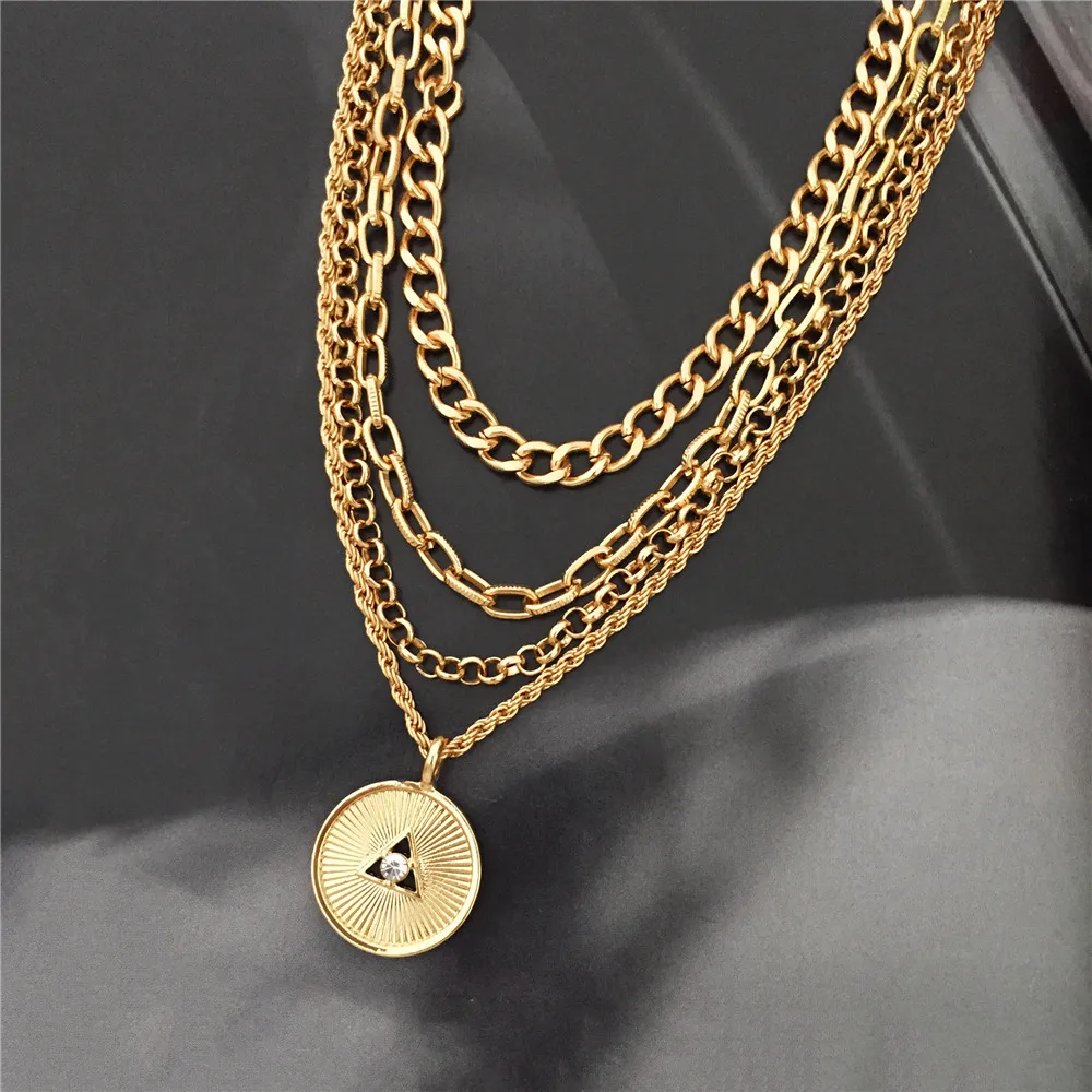 

Vintage Multilayered Punk Necklace For Women Fashion Gold Color Portrait Coin Pendant Thick Chain Necklaces Jewelry