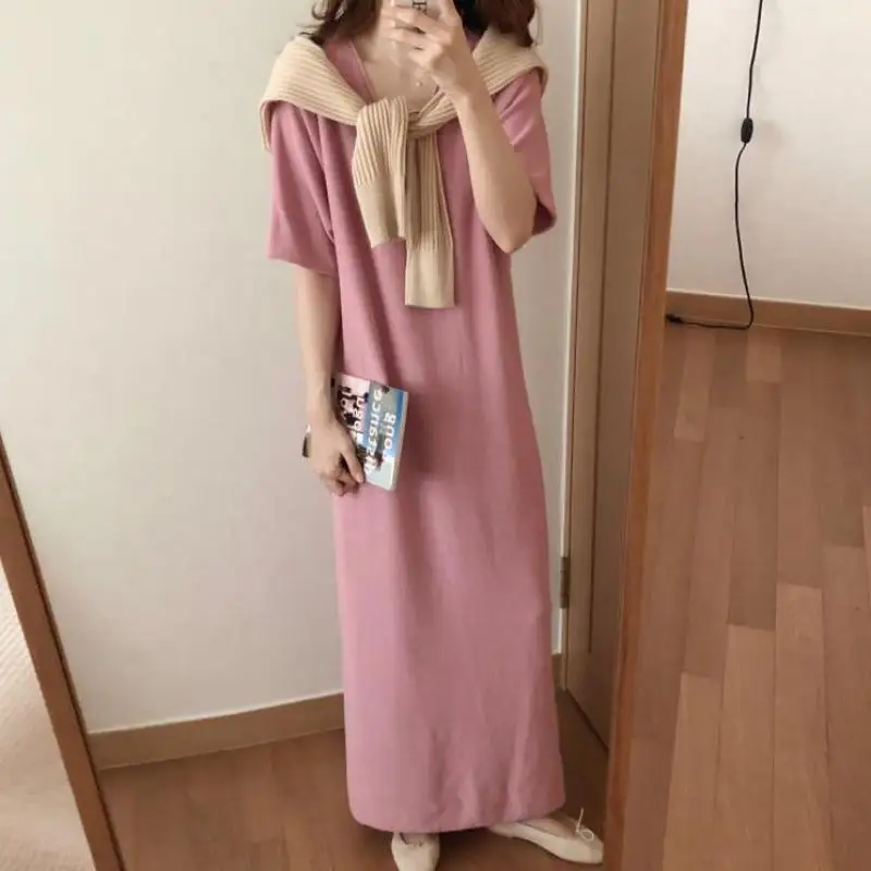 

Women Summer V Neck Sweater Maxi Dress Female Short Sleeve Straight Loose Oversized Knitted Dresses 2020 Korean Cozy Style