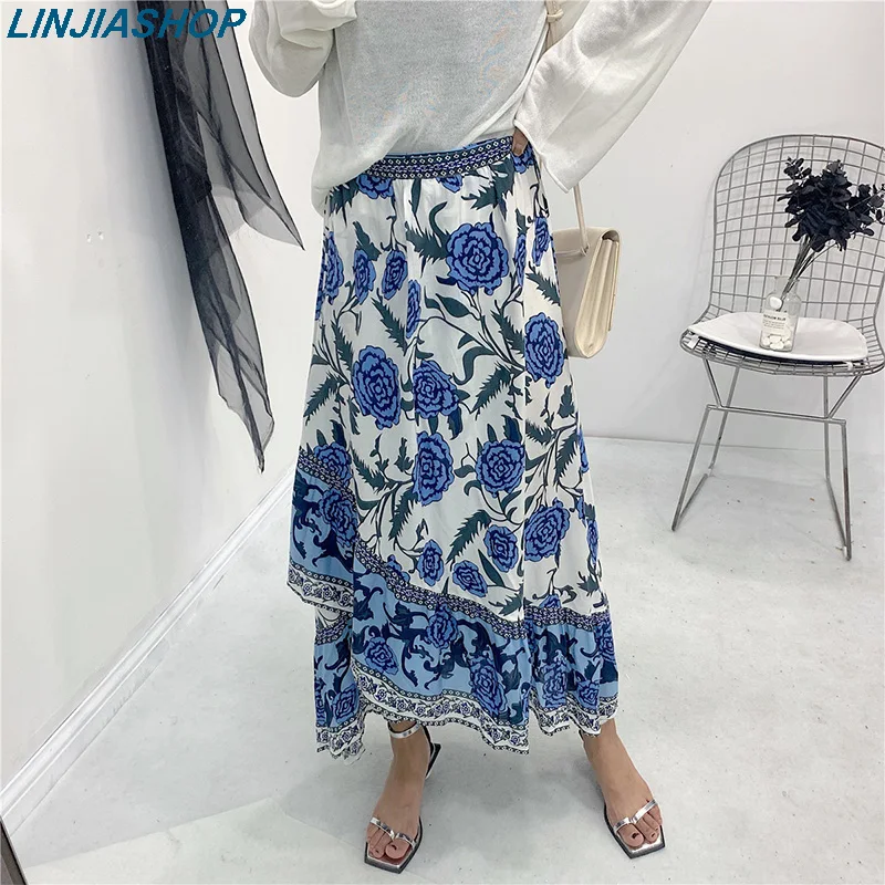 

Elegant bohemian minium blue women print skirt with botton natural waist soft rayon new fashion easy fit midi pleated skirt
