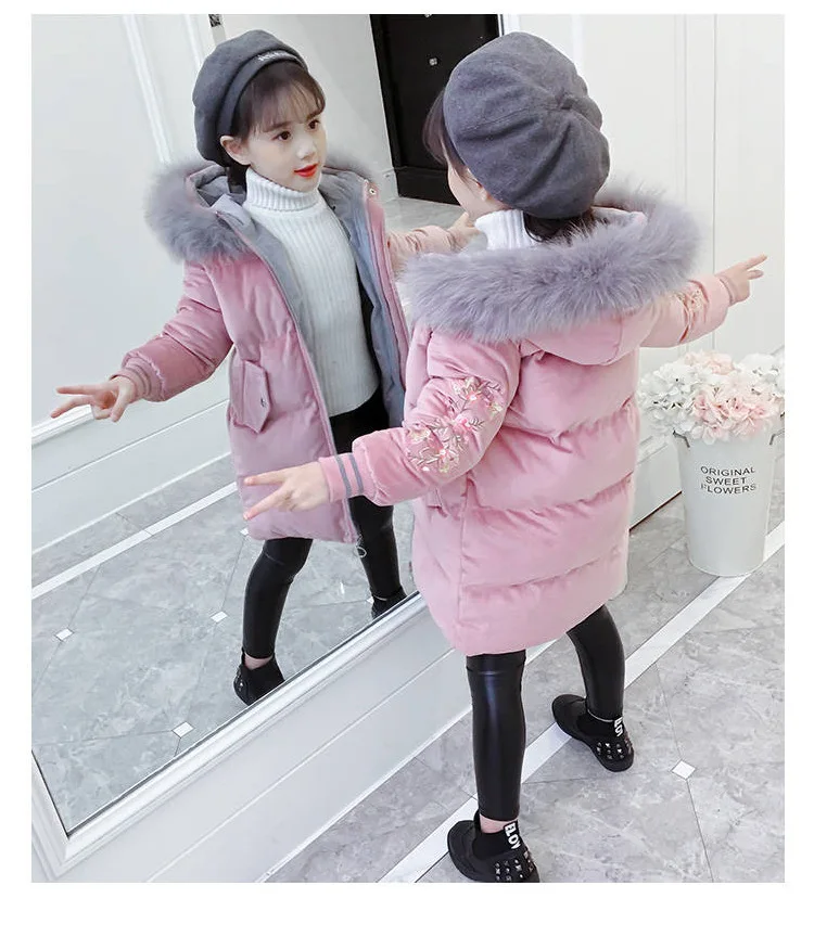Модная детская зимняя пуховая хлопковая куртка одежда для девочек детская одежда теплая Толстая парка длинные пальто с меховым воротником и капюшоном От 4 до 14 лет