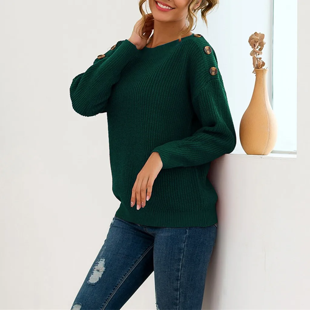 

Autumn Winter O-neck Solid Colo Pullover Sweater Pullover Plus Size Women Knitted Solid Button Long Sleeve Sweater Top